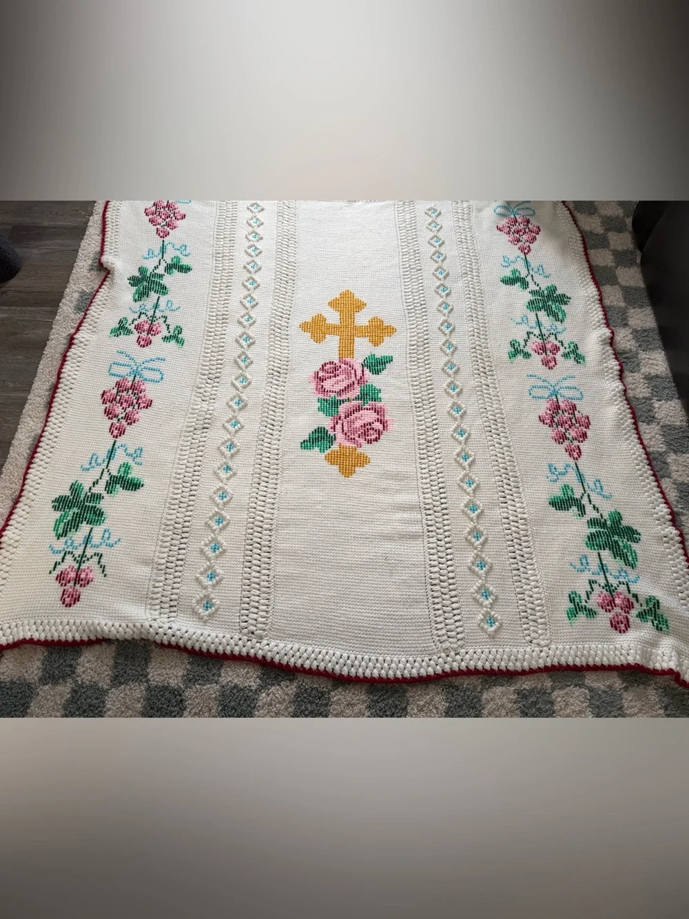 Vintage Crochet Granny Cross Easter Afghan Retro Roses Cross Stitch Blanket